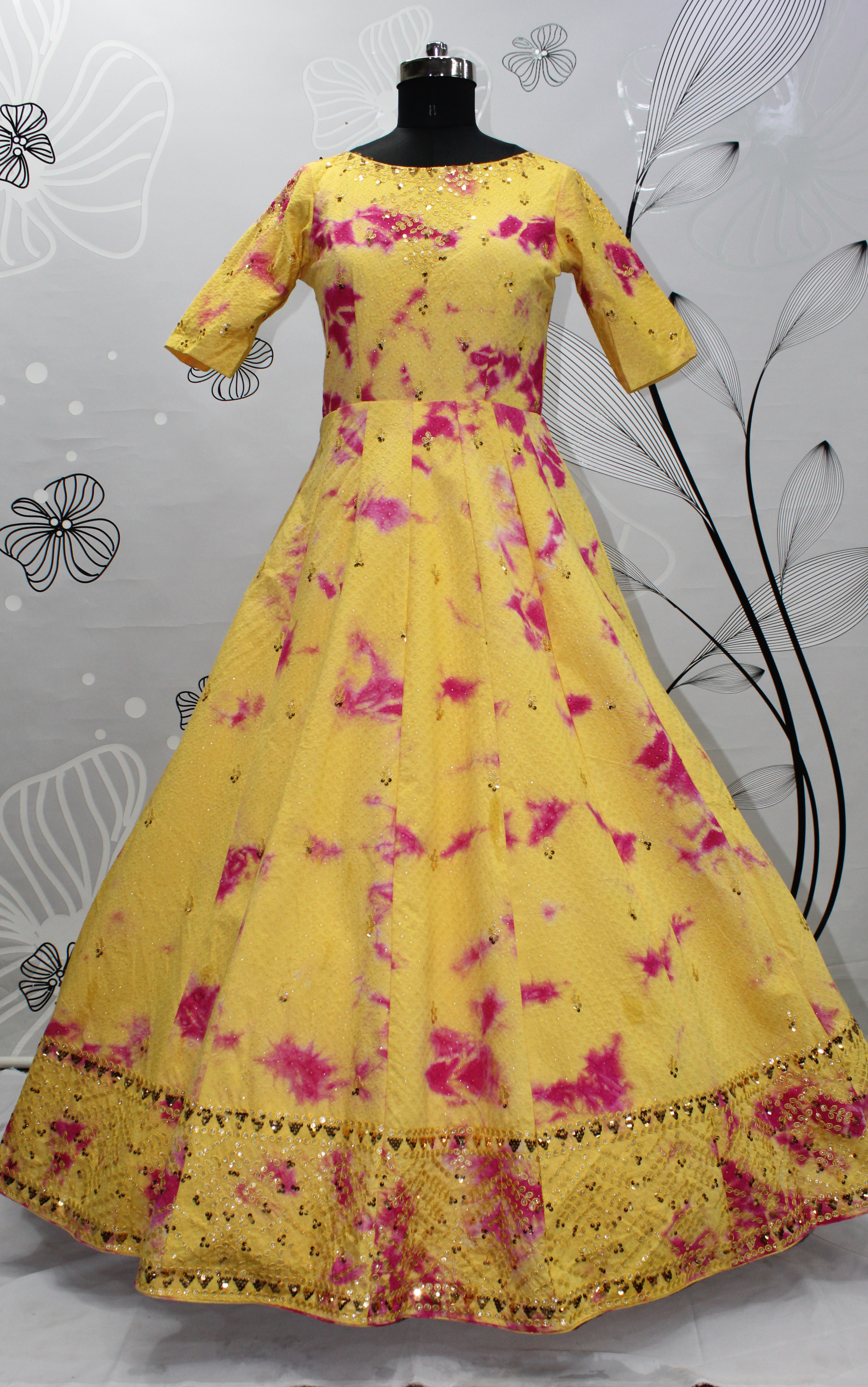 Yellow Embroidered Cotton Gown